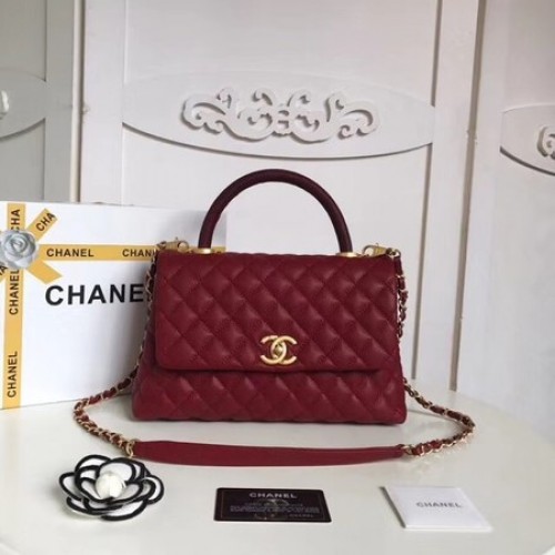 Torebka Chanel Classic Top Handle z oryginalnej skóry kawiorowej A92215 Głęboka czerwień