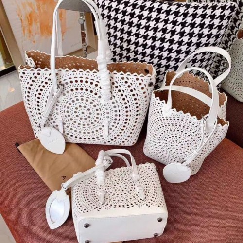 Torba Alaia Openwork Original Leather Tote Bag A3658 White