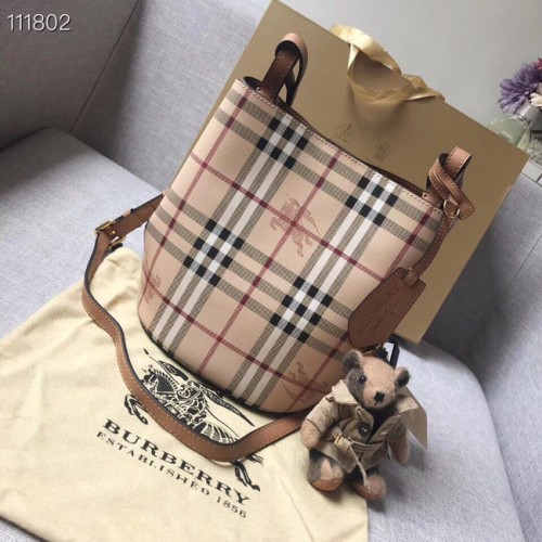 BURBERRY Mała torba typu tote Banner w kratkę vintage i ze skóry 1581 brązowa