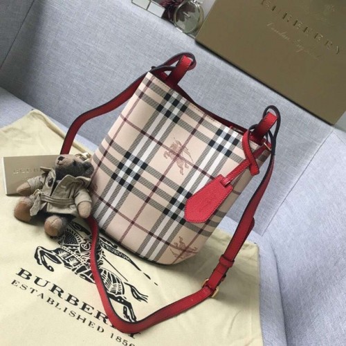 BURBERRY Mała torba typu tote Banner w kratkę vintage i ze skóry 9657 czerwona