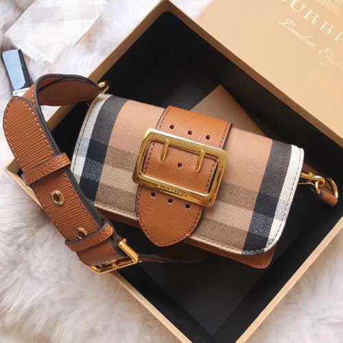 BURBERRY Torebka typu crossbody ze skóry Hampshire w kratkę vintage 24581 brązowa