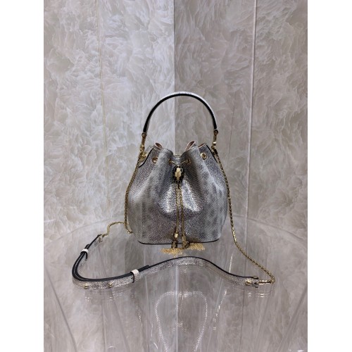 BVLGARI Oryginalna torba typu bucket z wężowej skóry B287614 Srebrna