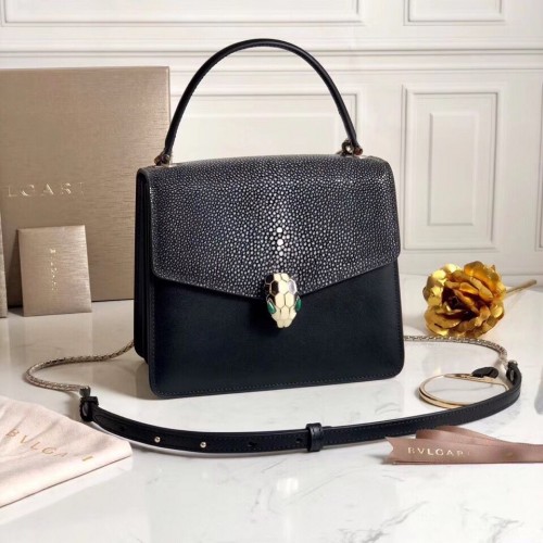 BVLGARI Serpenti Forever Devil Pearl Fish Skin Leather Shoulder Bag 058962 Black