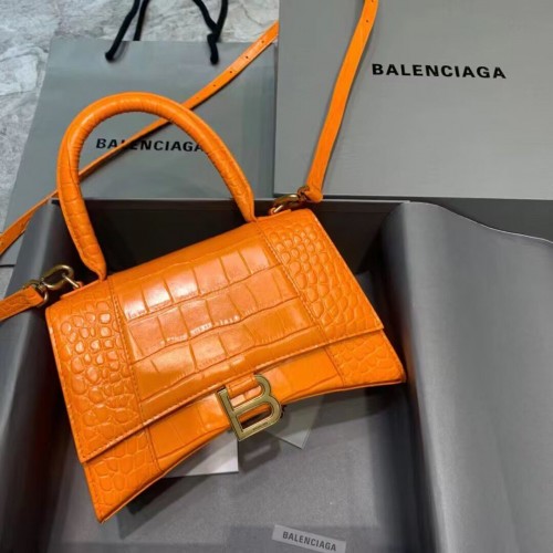 Balenciaga HOURGLASS SMALL TOP HANDLE BAG skóra cielęca tłoczona na skórę krokodyla B108895C Pomarańczowy