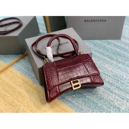 Balenciaga HOURGLASS SMALL TOP HANDLE BAG skóra cielęca tłoczona na skórę krokodyla B108895E Burgundy