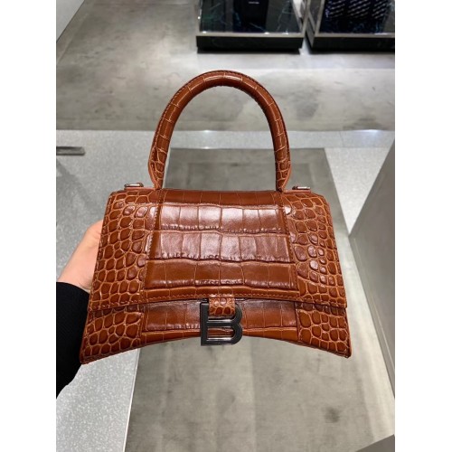 Balenciaga HOURGLASS SMALL TOP HANDLE BAG skóra cielęca tłoczona na skórę krokodyla B108895E brązowa