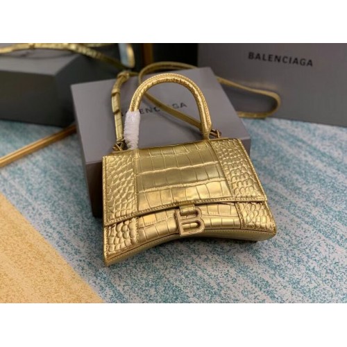 Balenciaga HOURGLASS SMALL TOP HANDLE BAG skóra cielęca tłoczona na skórę krokodyla B108895E złota