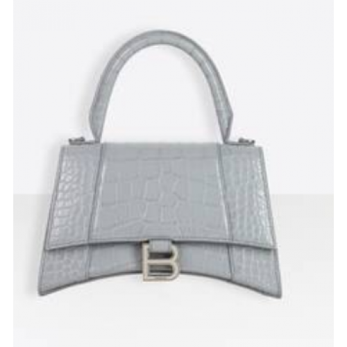 Balenciaga HOURGLASS SMALL TOP HANDLE BAG skóra cielęca tłoczona na skórę krokodyla B108895E szara