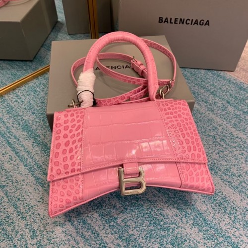 Balenciaga HOURGLASS SMALL TOP HANDLE BAG torebka z wytłoczonym wzorem krokodyla ze skóry cielęcej B108895E różowa