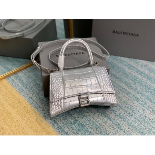 Balenciaga HOURGLASS SMALL TOP HANDLE BAG skóra cielęca tłoczona na skórę krokodyla B108895E srebrna