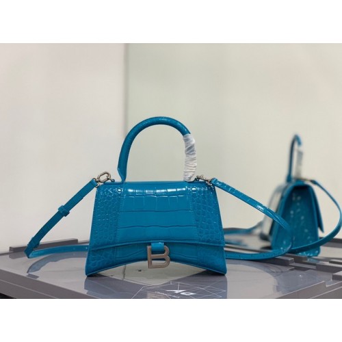 Balenciaga HOURGLASS SMALL TOP HANDLE BAG torebka z wytłoczonym wzorem krokodyla ze skóry cielęcej B108895E jasnoniebieska