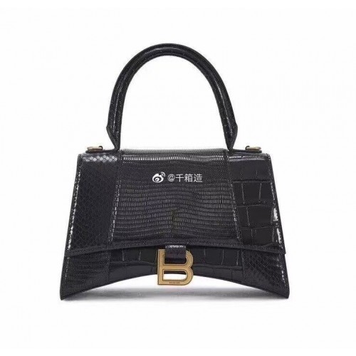 Torebka Balenciaga Hourglass Small Top Handle Bag z tłoczonym wzorem krokodyla ze skóry cielęcej B108891E w kolorze czarnym