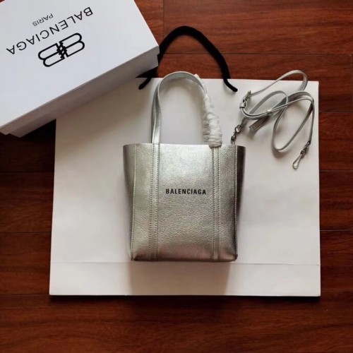 Balenciaga Oryginalna skórzana mini torba shopper 6696 Srebrna