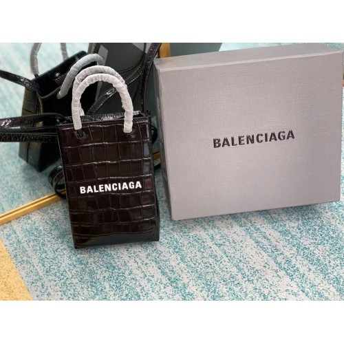 Balenciaga Original błyszcząca torebka typu shopper z wytłaczanej skóry krokodyla B152865 w kolorze czarnym