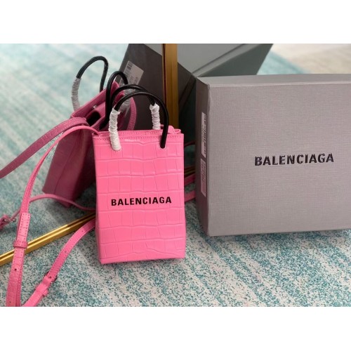 Balenciaga Original błyszcząca torebka typu shopper z wytłaczanej skóry krokodyla B152865 różowa