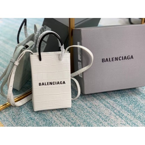 Balenciaga Original błyszcząca torebka typu shopper z wytłaczanej skóry krokodyla B152865 biała