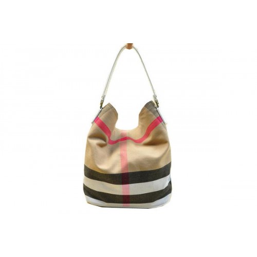 Torba typu hobo Burberry Medium Brit Check B8931, biała