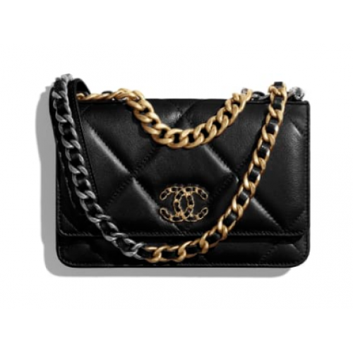 Portfel Chanel 19 Classic Sheepskin Leather Chain Wallet AP0957 w kolorze czarnym, metal w odcieniu złota