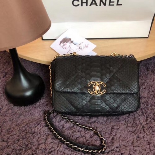 Torebka CHANEL 19 Flap Bag Oryginalna torebka z klapką ze skóry węża AS1160 Czarna