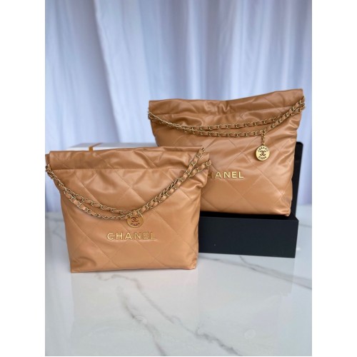 TOREBKA CHANEL 22 Błyszcząca skóra cielęca Metal w odcieniu złota AS3261 AS3260 Brązowa