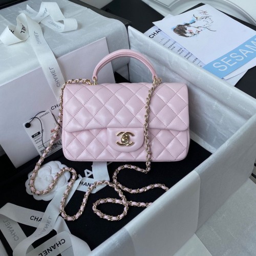 Torebka CHANEL 22B mini CF z klapką i uchwytem u góry AS2431 Różowa