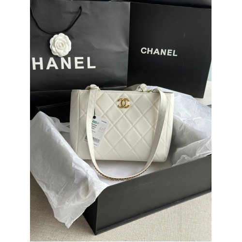 CHANEL Calfskin Gold-Tone Metal AS3508 biały