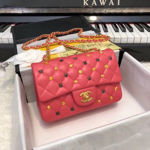 Torebka CHANEL Classic z jagnięcej skóry w kolorze złotym, z wykończeniem rutenowym, metalowa, A01116, czerwona