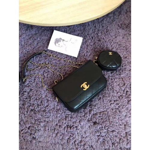 Torebka CHANEL z klapką, skóra jagnięca i metal w kolorze złotym AS1094, czarna
