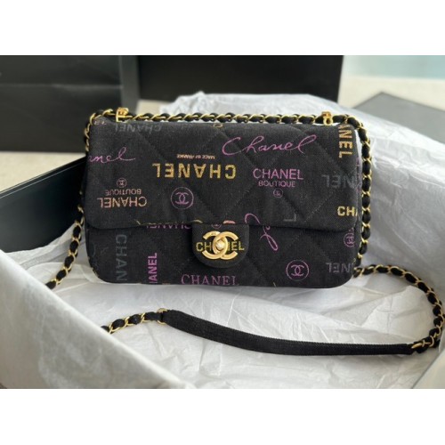 CHANEL Denim z nadrukiem w kolorze złotym, metal AS3134, czarny