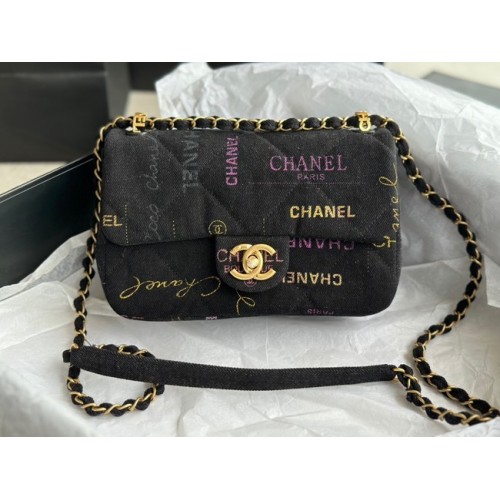 CHANEL Denim z nadrukiem w kolorze złotym, metal AS3135, czarny
