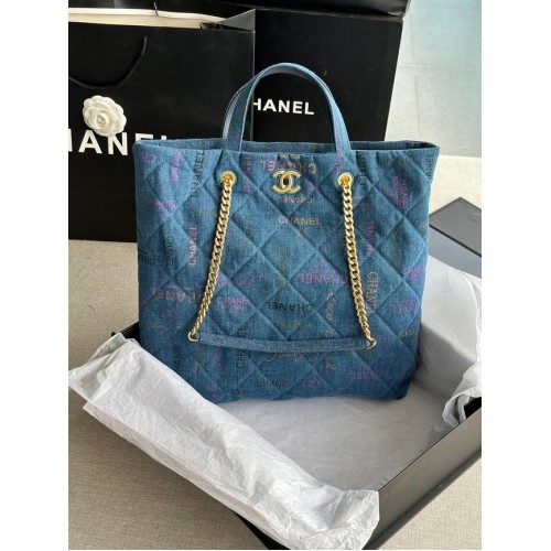 CHANEL Denim z nadrukiem w kolorze złotym, metal AS3136, niebieski
