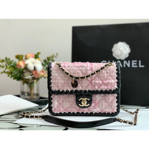 CHANEL Tweed Braided Calfski Skin Gold-Tone Metal AS6075 różowy