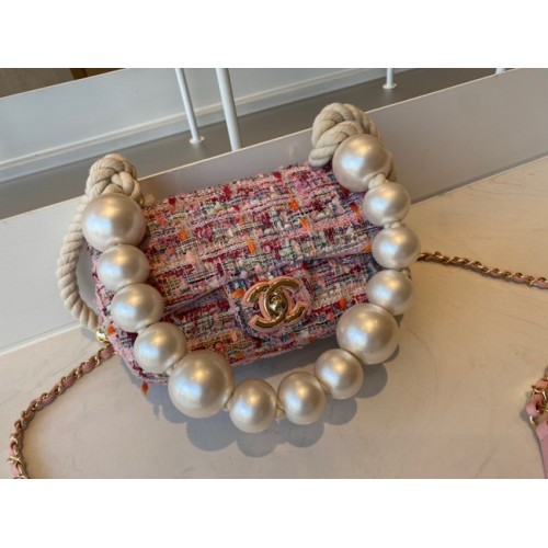 CHANEL Tweed Braided Sheepskin Metal w odcieniu złota AS0593 różowy