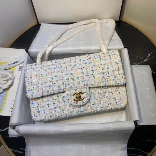 CHANEL Tweed Calfskin -Tone Gold-Tone Metal 1112 biały