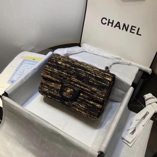 CHANEL Tweed Calfskin -Tone Gold-Tone Metal 1116 czarny