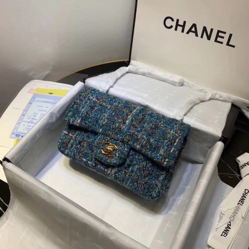 CHANEL Tweed Calfskin -Tone Gold-Tone Metal 1116 niebieski