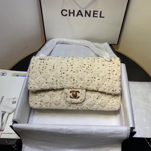 CHANEL Tweed Calfskin - Tone Gold-Tone Metal AS1112 biały
