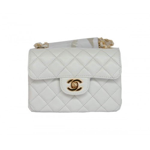 Tania torebka Chanel Classic mini Flap Bag 1115 z białej owczej skóry ze złotymi okuciami