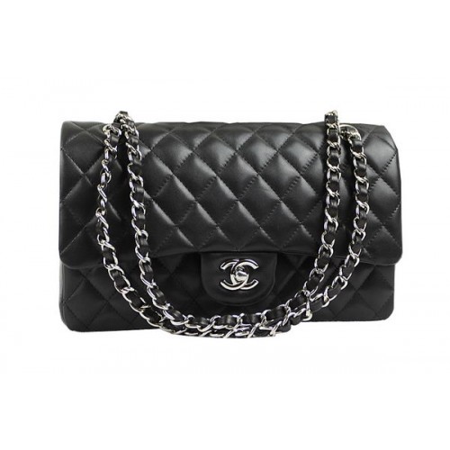 Torebka Chanel 2.55 Series Classic Flap Bag 1112, czarna, oryginalna, owcza skóra, srebrna