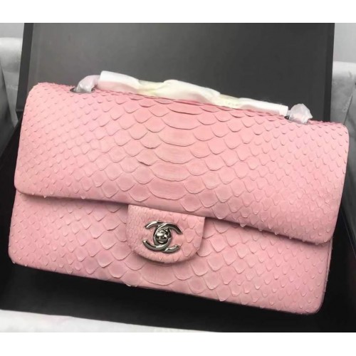 Torebka Chanel z klapką z serii 2.55 Sakura Pink Original Python Leather A1112SA Silver