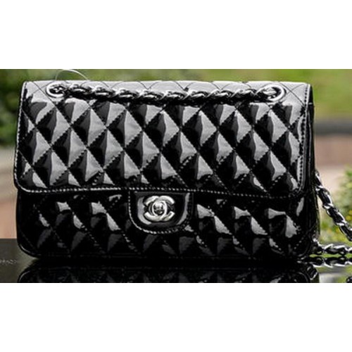 Torebka Chanel 2.55 Series Flap Bag Czarna lakierowana skóra A1112 Srebrna