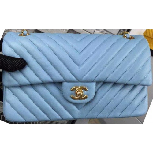 Torebka Chanel z klapką z serii 2.55 SkyBlue Lambskin Chevron Leather A5023 Gold