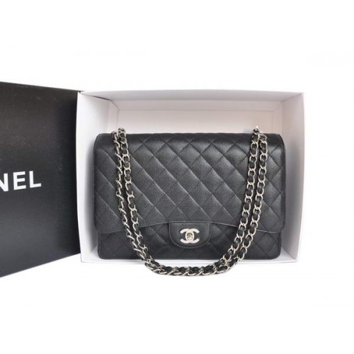 Torebka Chanel A47600 z czarnej, oryginalnej skóry kawiorowej Jumbo Flap Bag w kolorze srebrnym