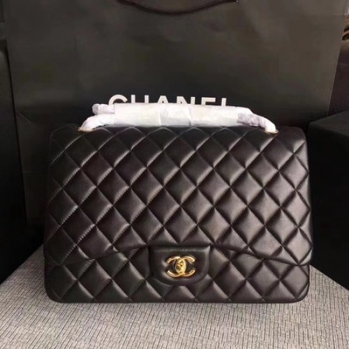Torebka Chanel Maxi Quilted Classic Flap Bag z czarnej skóry owczej A58601 Gold