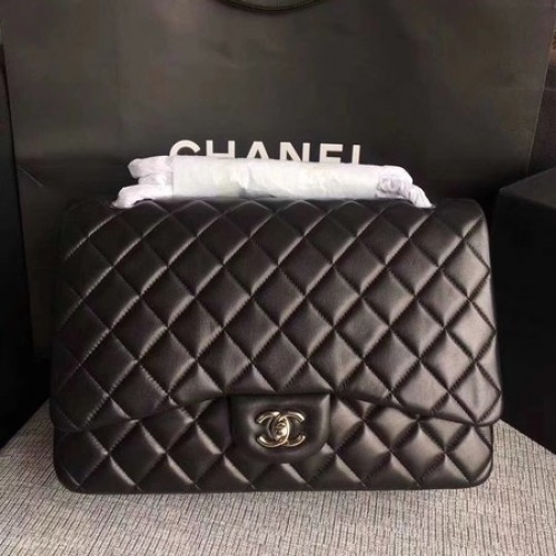 Torebka Chanel Maxi Quilted Classic Flap Bag z czarnej skóry owczej A58601 Silver