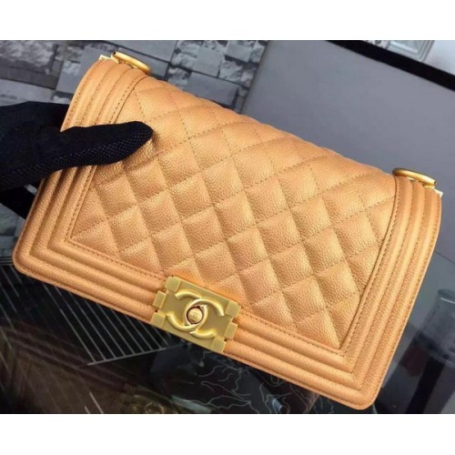 Torebka na ramię Chanel Boy Flap, złota, oryginalna skóra cielęca A8708, złota