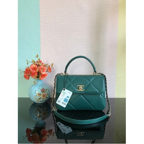 Torebka Chanel CC z oryginalnej skóry jagnięcej z klapką i uchwytem A92236, ciemnozielona i metalowa w odcieniu złota
