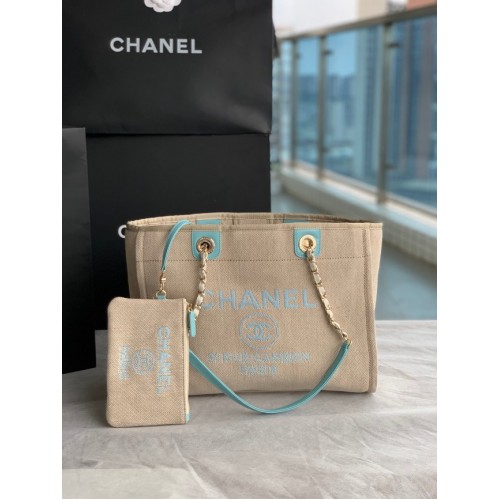 Torba na zakupy Chanel Canvas 67001 Beżowo-błękitna
