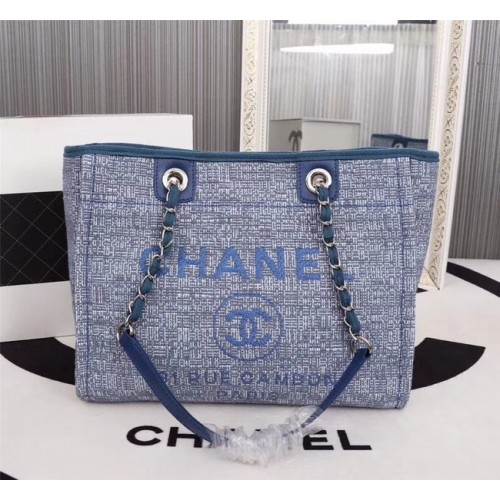 Torba na zakupy Chanel Canvas z cielęcej skóry, metal w odcieniu srebra A23556, niebieska