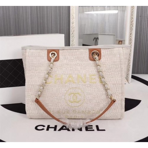 Torba na zakupy Chanel Canvas z cielęcej skóry, metal w odcieniu srebra A23556 kremowa